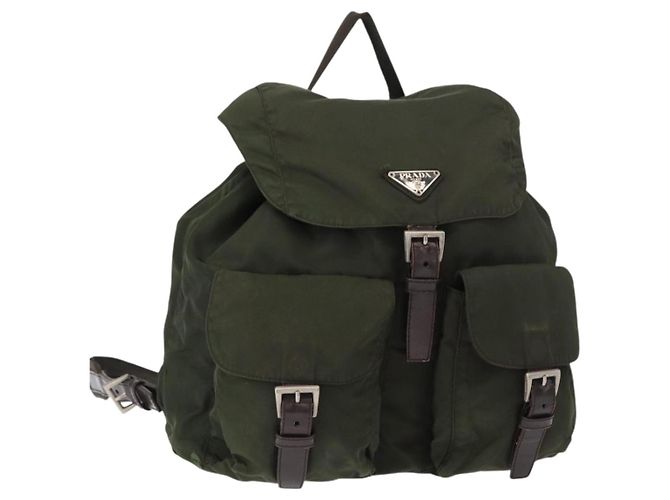 PRADA Backpack Nylon Khaki Silver Auth 151269 Silvery
