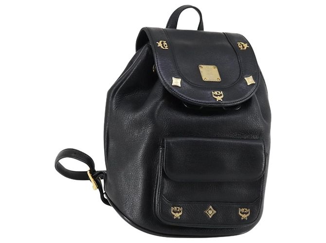 MCM Studs Backpack Leather Black Gold Auth 144411 Golden