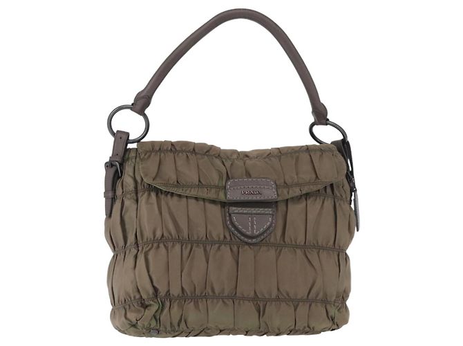 Bolsa de Ombro PRADA em Nylon e Couro Cinza Auth ka788 Marrom
