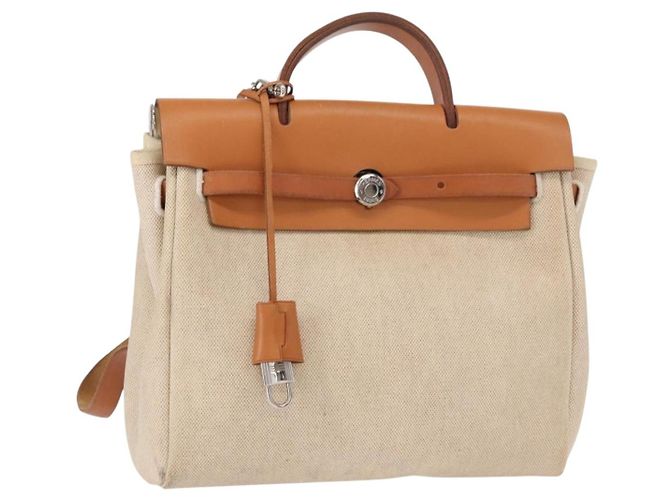 Hermès HERMES Mochila Herbag Lona Cuero Beige Plata Auth bs31446