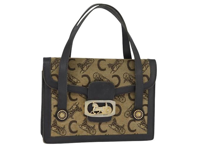 Céline Bolsa de mão Celine C Sulky em lona e couro marrom dourado Auth 147776