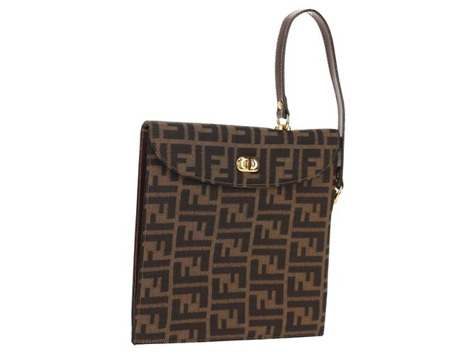 Bolsa de mão em canvas Zucca FENDI preta e marrom Auth 156483V Preto