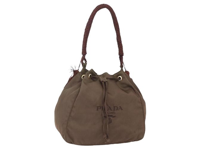 PRADA Borsa a Spalla con Frange in Nylon Kaki Oro Auth bs30567 D'oro Cachi