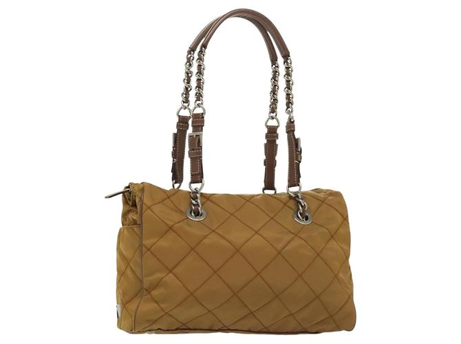PRADA Chain Shoulder Bag Nylon Beige Silver Auth 140091 Silvery