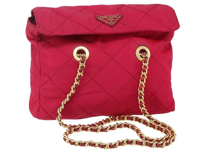 PRADA Bolsa de Ombro Matelassada com Corrente Nylon Rosa Dourado Auth mr1558