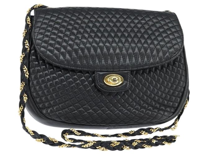 BALLY Bolsa de Ombro Matelassada em Corrente de Couro Preto e Dourado Auth gh1162