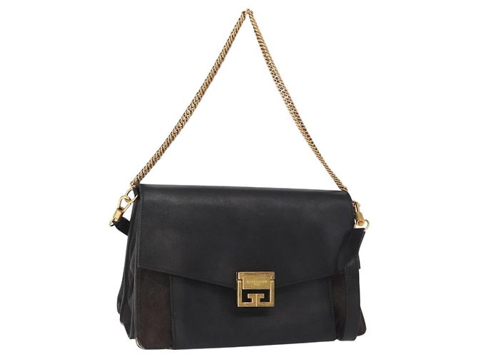 Givenchy Bolsa de ombro com corrente em couro preto e dourado Auth BA7680