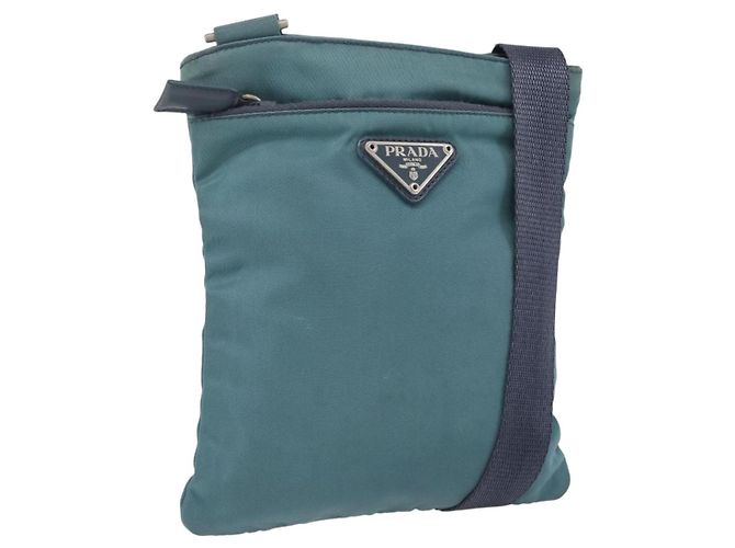 Bolsa de Ombro PRADA Nylon Azul Prata Autêntica 155943