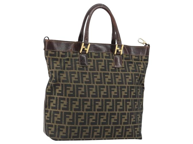 Bolso de mano de lona Zucca FENDI negro y marrón Auth 148627 Castaño