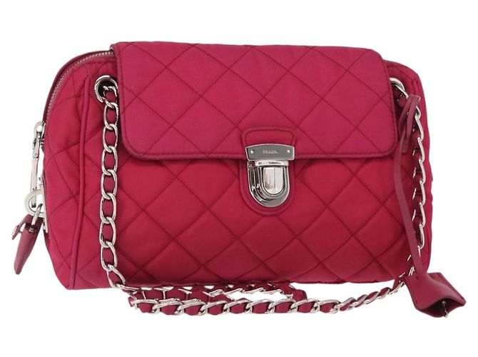PRADA Borsa a Spalla con Catena Nylon Rosa Argento Auth 153853