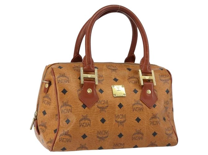 Bolsa MCM Logogram Vicetos em couro PVC marrom dourado Auth th6487