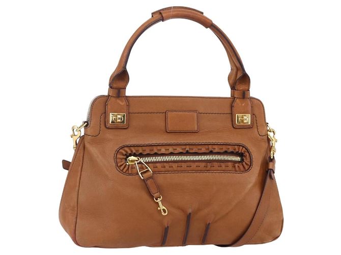 Chloé Bolsa de mão em couro Chloe Margaret 2 em 1 marrom ouro Auth BA8432 Dourado