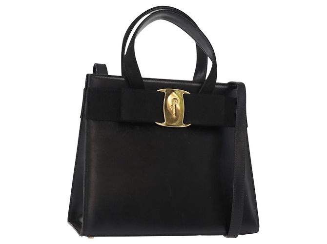 Bolsa de mão Vala em couro 2 em 1 preta e dourada Auth BA7329 da Salvatore Ferragamo