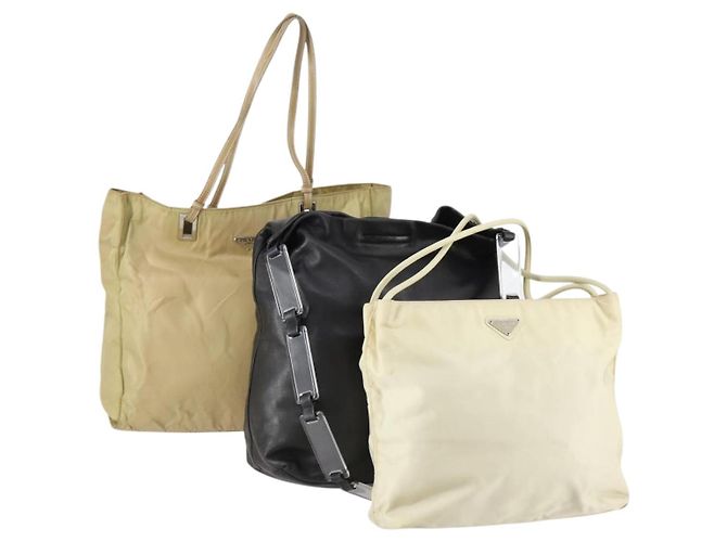 PRADA Tote Bag Nylon Leather 3 Set Beige Black Auth bs30533