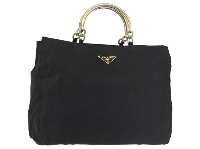 PRADA Handtasche Nylon Metall Schwarz Gold Auth ti3459 Golden
