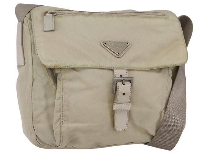 PRADA Schultertasche Nylon Beige Silber Authentisch 151497