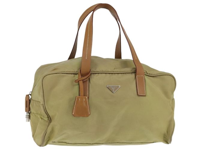 PRADA Boston Bag Nylon Beige Silver Auth bs30240 Silvery