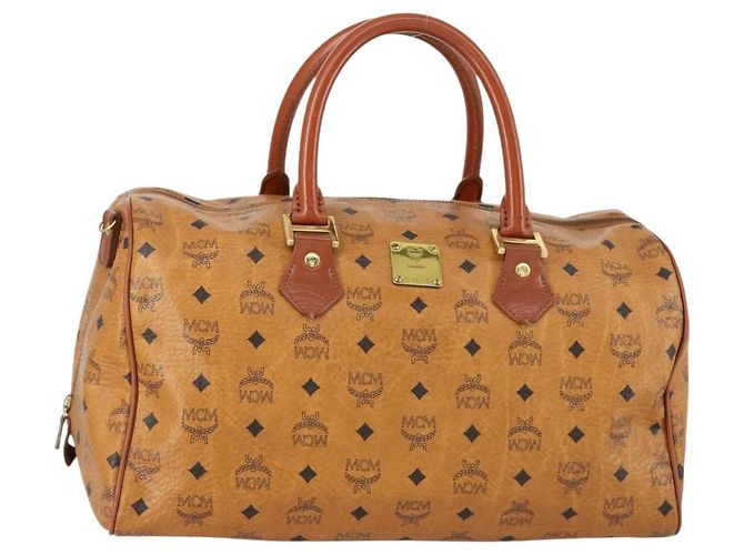 Bolsa Boston MCM Logogram Vicetos em couro PVC marrom e dourado Auth 154457