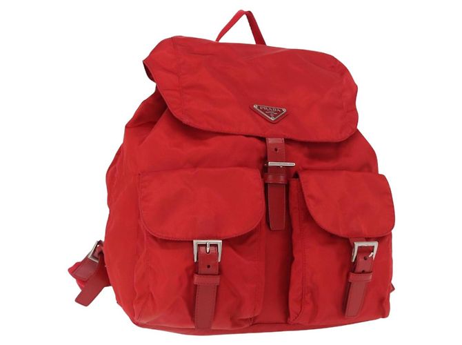 Zaino PRADA in nylon rosso argento Auth ar13819