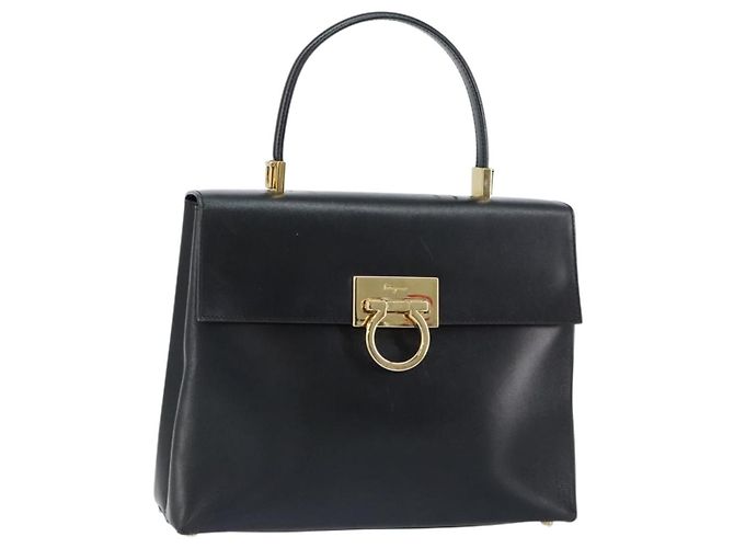 Borsa a mano Gancini in pelle nera e oro Salvatore Ferragamo Auth 155657 Nero D'oro