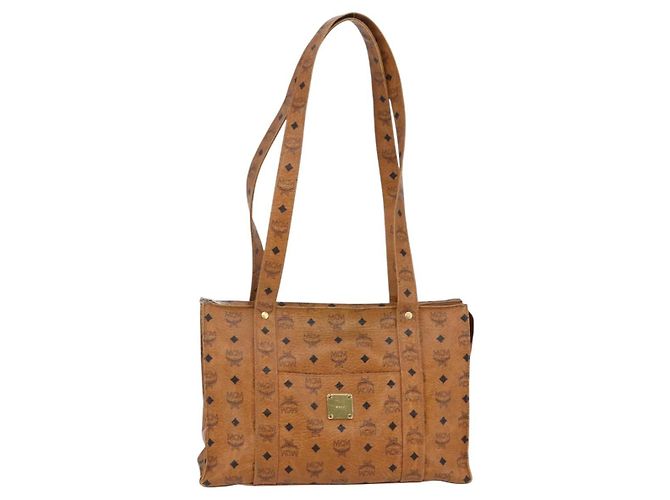 Bolsa tote MCM Logogram Vicetos em couro PVC marrom e dourado Auth BA6608