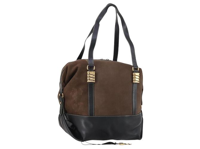 LOEWE Velazquez Boston Bag Cuir Marron Or Auth 146927