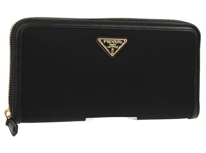 PRADA Cartera Larga de Cuero Nylon Negro Oro 1ML506 Auth am10026V Dorado