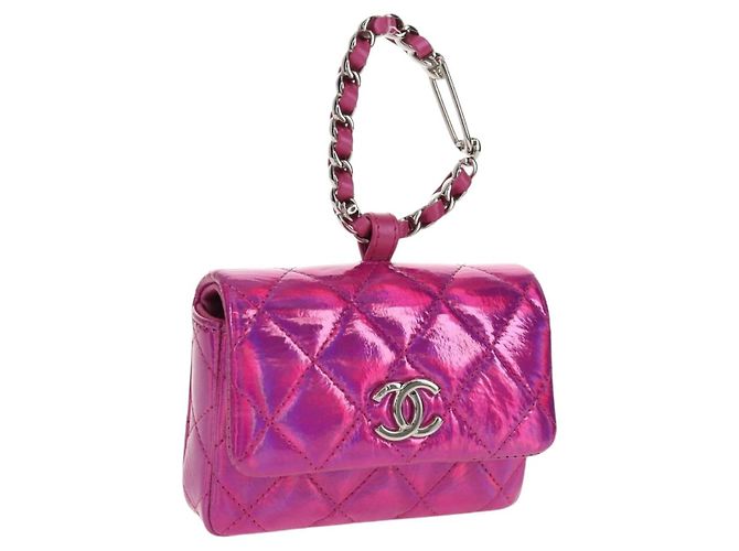 CHANEL Matelassé Handtasche Charm Lackleder Rosa Silber CC Auth ti3561SAM Pink