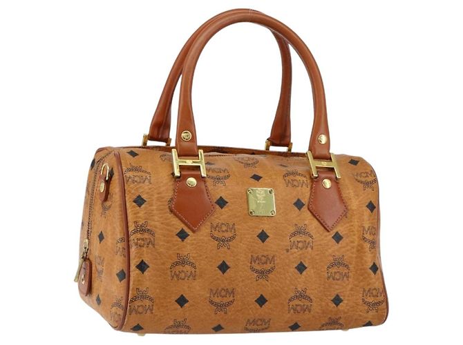 Bolsa MCM Logogram Vicetos em couro PVC marrom e dourado Auth gh1221