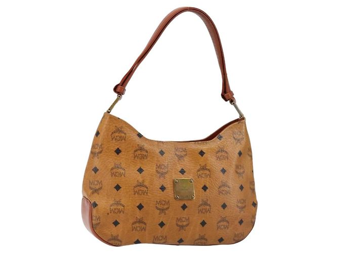 Bolso de Hombro MCM Logogram Vicetos de Cuero PVC Marrón Dorado Auth BA7031 Castaño