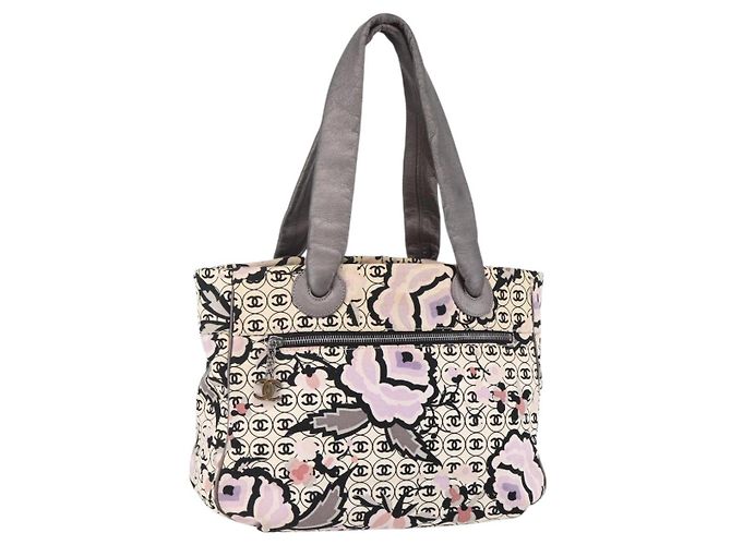 CHANEL Tote Bag Canvas Leather Beige Silver CC Auth 155092 Silvery