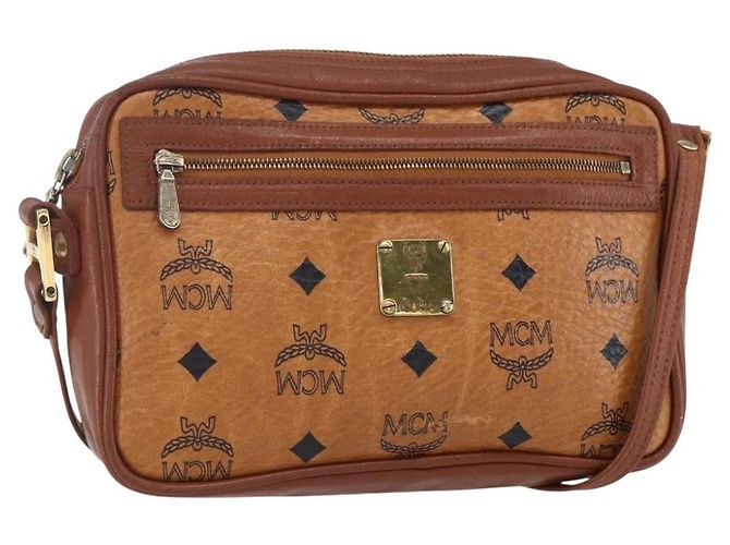 Bolsa de Ombro MCM Logogram Vicetos em Couro PVC Marrom Dourado Auth BA8428