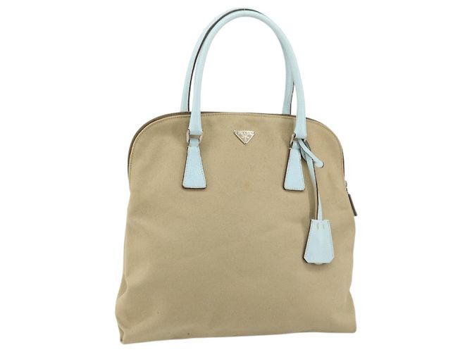 Bolsa de mão PRADA em lona prata bege Auth BA8778