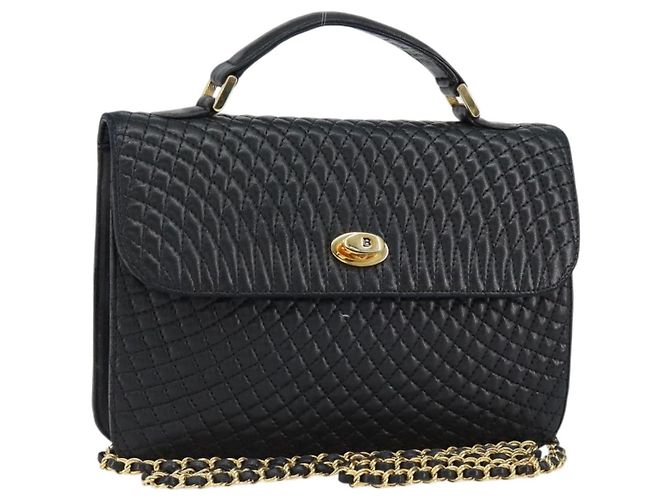 BALLY Bolsa de Ombro com Corrente Couro 2em1 Preto Ouro Auth 152729 Dourado