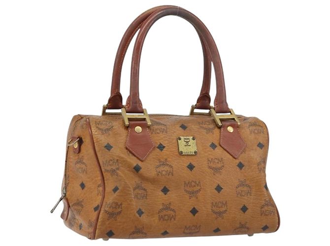 Bolsa MCM Logogram Vicetos em couro PVC marrom e dourado Auth BA8640