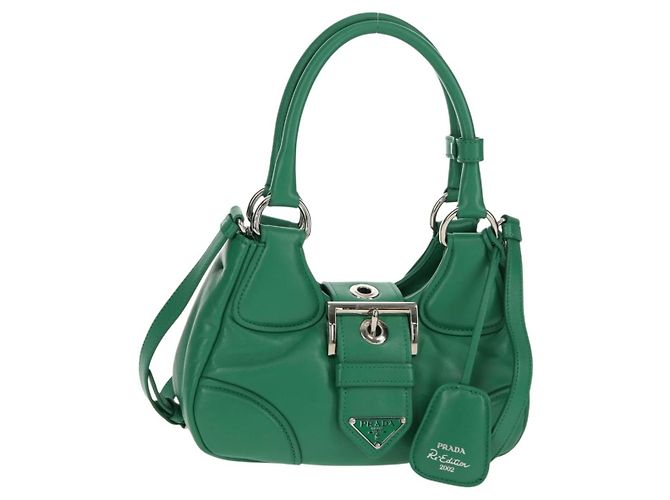 PRADA Sac à main Moon Bag en cuir 2 en 1 Vert Argent Auth 152696SAM Argenté