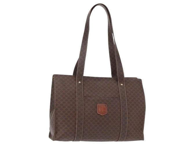 Céline CELINE Macadam Canvas Shoulder Bag PVC Leather Brown Gold Auth ka257 Golden