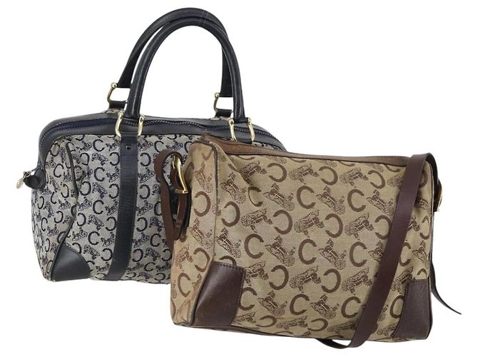 Céline Borsa a Spalla CELINE Macadam Canvas C Sulky 2 Set Beige Blu Navy Auth bs31056