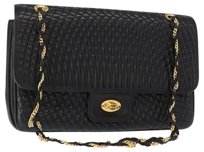 BALLY Bolsa de Ombro com Corrente Couro Preto Dourado Auth am9804