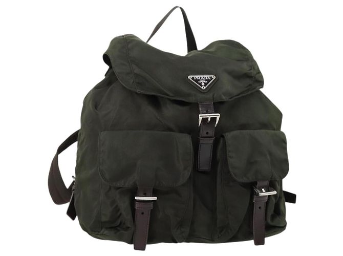 PRADA Backpack Nylon Khaki Silver Auth 147403 Silvery