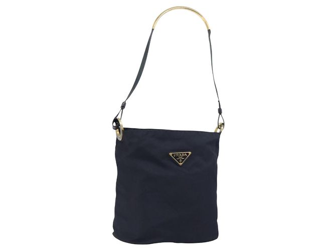 Borsa a Spalla PRADA Nylon Blu Navy Oro Auth 143666 D'oro