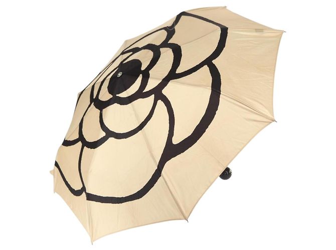 CHANEL Camelia Folding Umbrella Polyester Gold CC Auth 156295 Golden