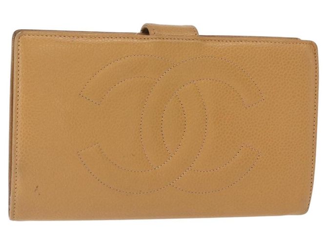 CHANEL COCO Cartera Larga Mark Piel Caviar Beige Oro CC Auth bs31582 Dorado