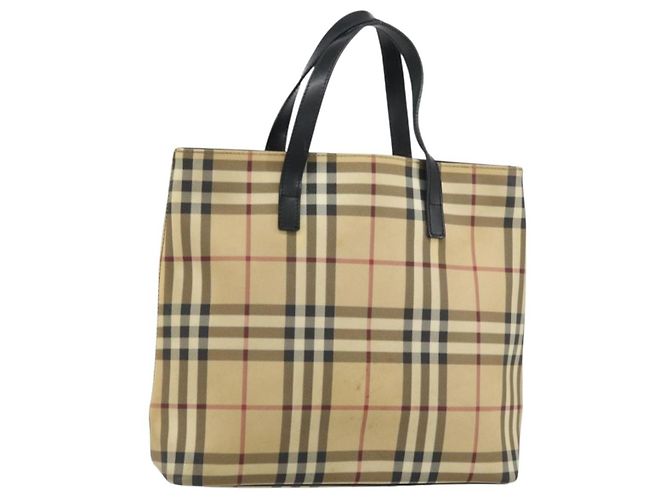 BURBERRY Nova Check Tote Bag PVC Beige Silber Auth BA8674