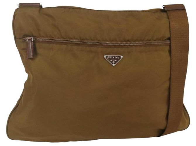 PRADA Schultertasche Nylon Braun Silber Authentisch 151496