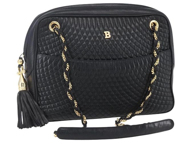 BALLY Bolsa de Ombro com Corrente Couro Preto Dourado Auth 154725