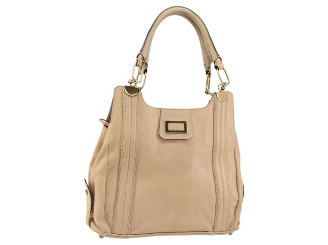 Chloé Bolsa Tote de Couro Bege Dourado Auth bs31516