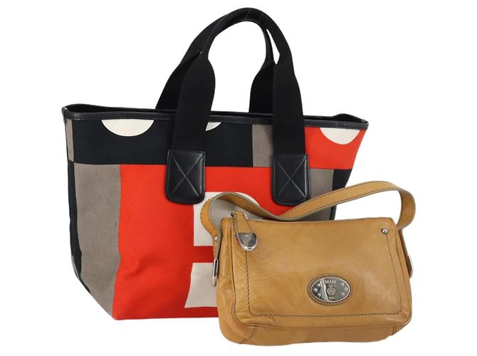 BALLY Bolsa de Mão em Lona e Couro 2 Peças Bege Branco Auth am9153