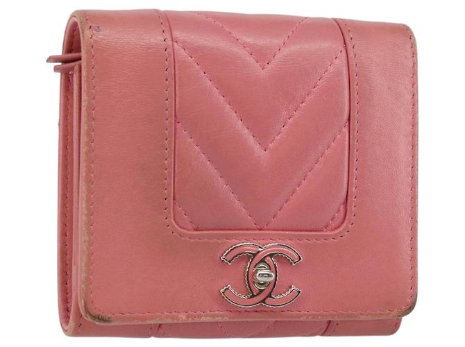 CHANEL V Stitch COCO Mark Cartera Trifold de Piel de Cordero Rosa Plata CC Auth 146750