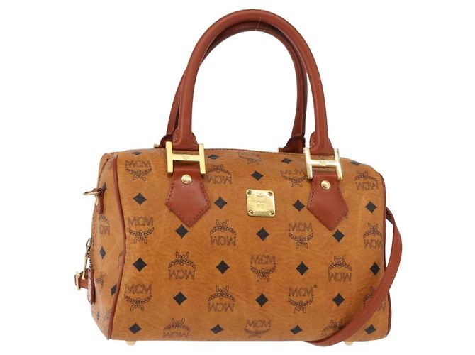 Bolsa MCM Vicetos Logogram PVC 2 em 1 Marrom Dourado Auth BA5195